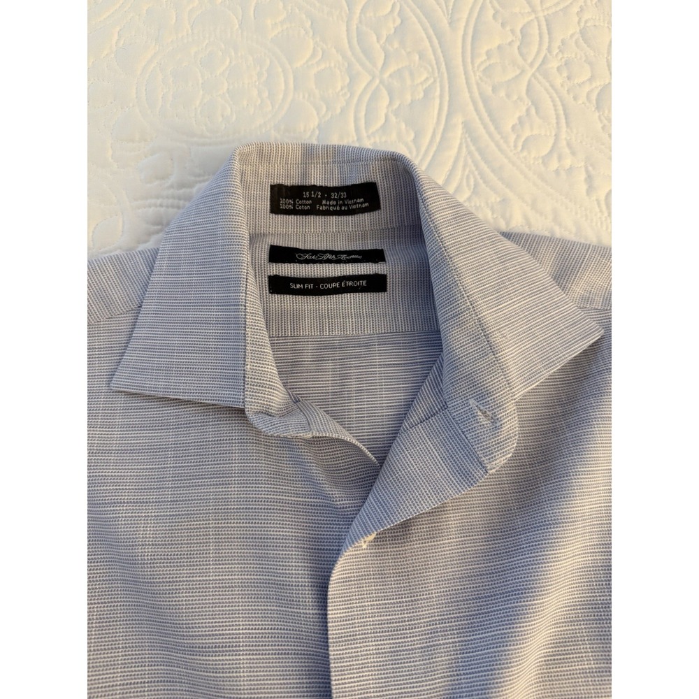 Saks, Fifth Avenue Men's Slim Fit Dress Shirt 100% Cotton Blue And White Pattern - Picture 3 of 9